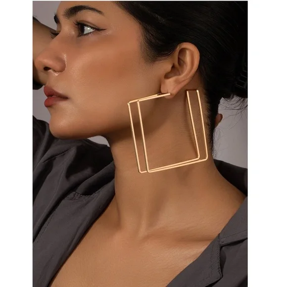 Gold Tone Squared Hoop Earrings Large Square Geometric Shape Metal Iron Yellow - Picture 5 of 5